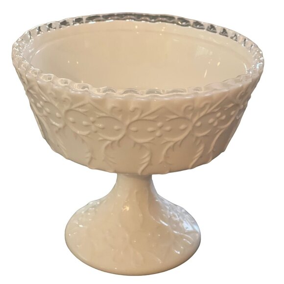 Fenton Milk Glass Compote Spanish Lace Silver Crest Pedestal Vintage 6" x 6.5" - Picture 2 of 12